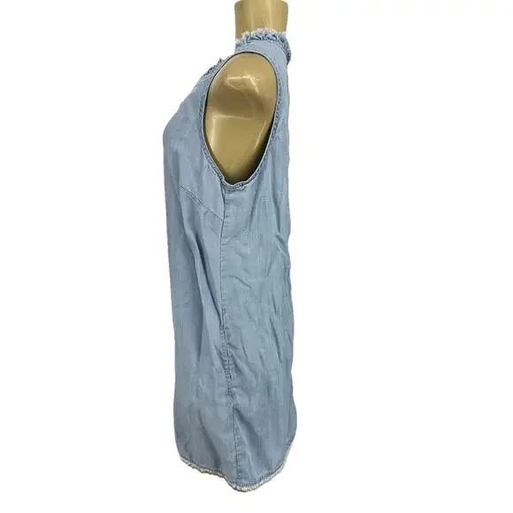 Tommy Bahama Medium Women Chambray Ruffle V Neck Sleeveless Frayed Hem Dress F33 - Picture 3 of 10